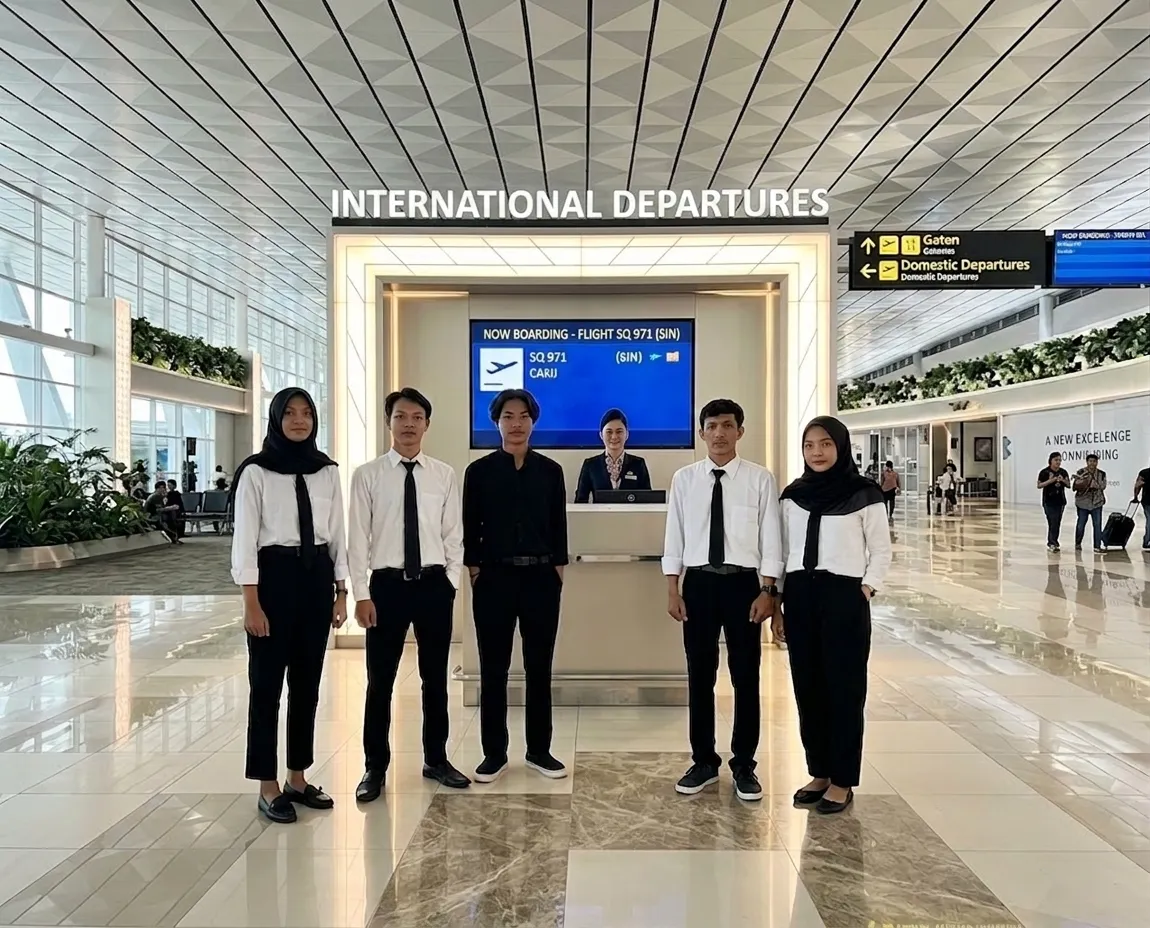 Lima siswa Tsunahashi berseragam di terminal keberangkatan internasional